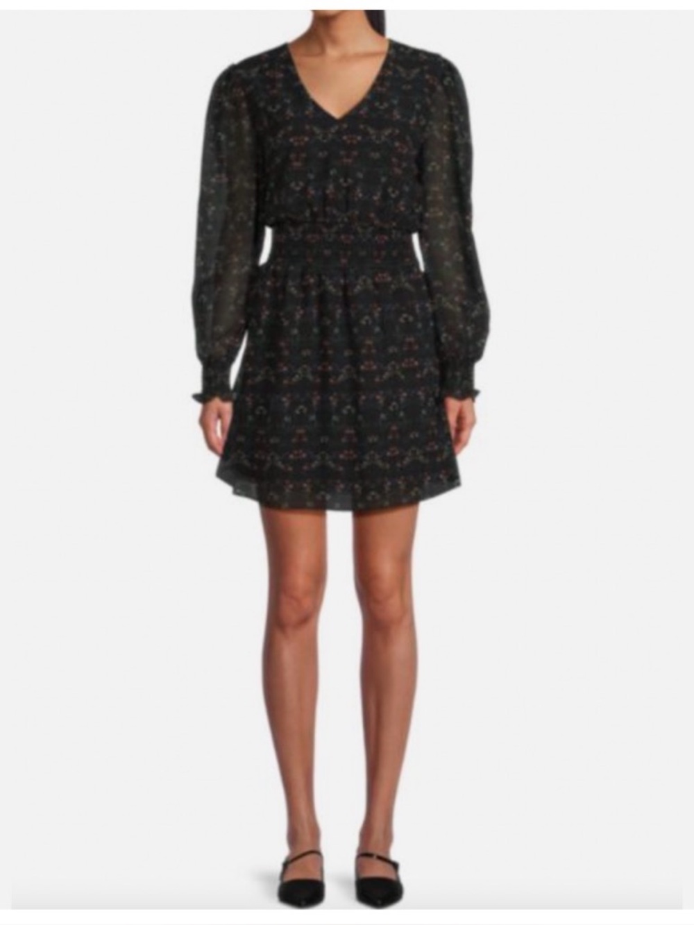 Women's Black Floral Long-Sleeve V-Neck Mini Dress Koko Mason